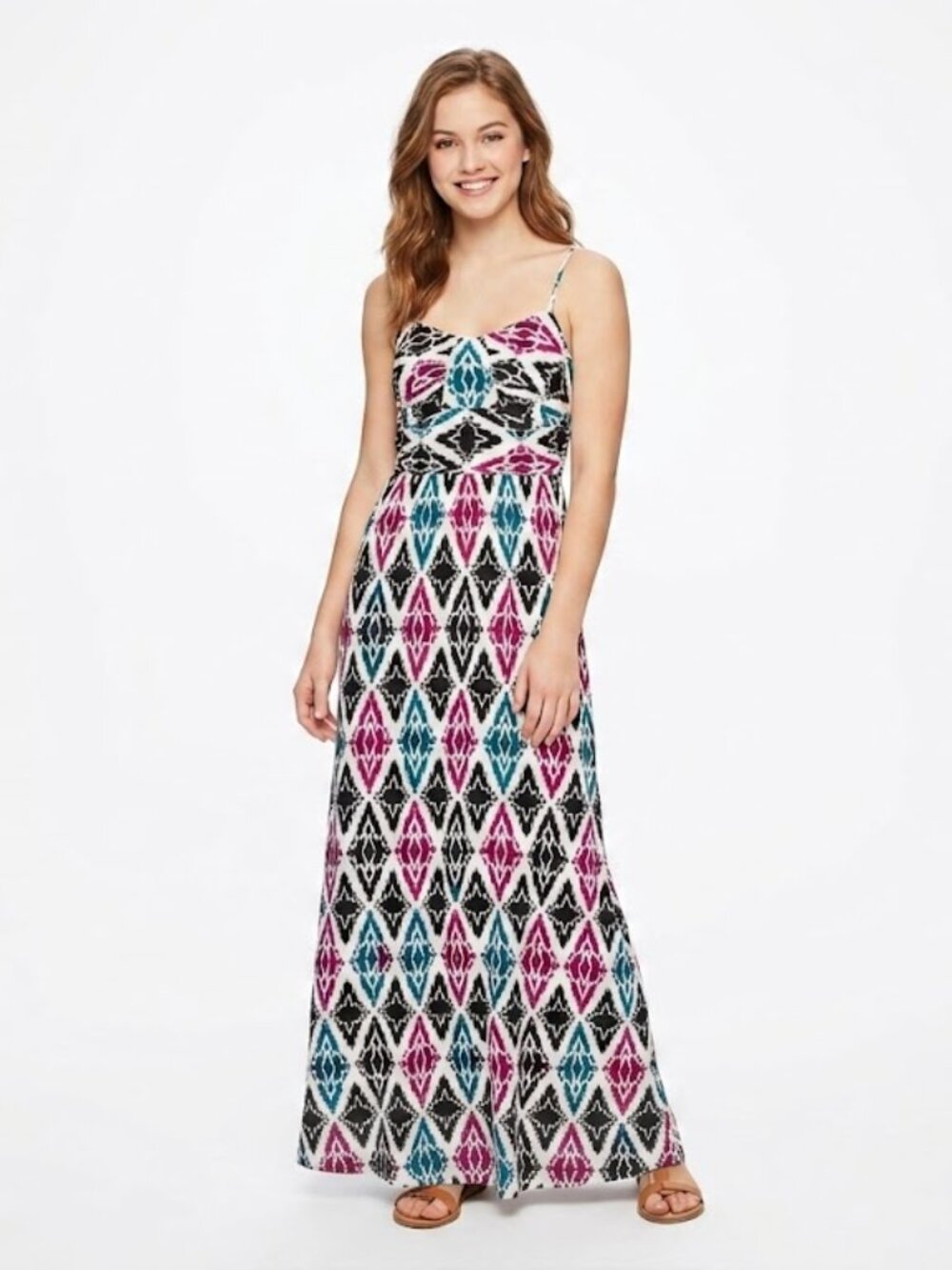 Ann Taylor Petite Ikat Geometric Maxi Dress Sz 4P Multicolor Spaghetti Strap